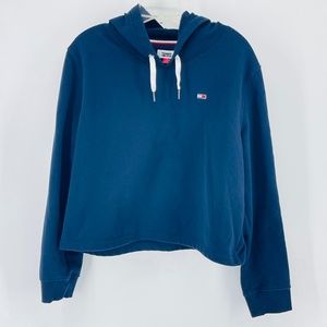 Tommy Jeans Cropped Logo Hoodie Size Medium Dark Blue Long Sleeve Excellent